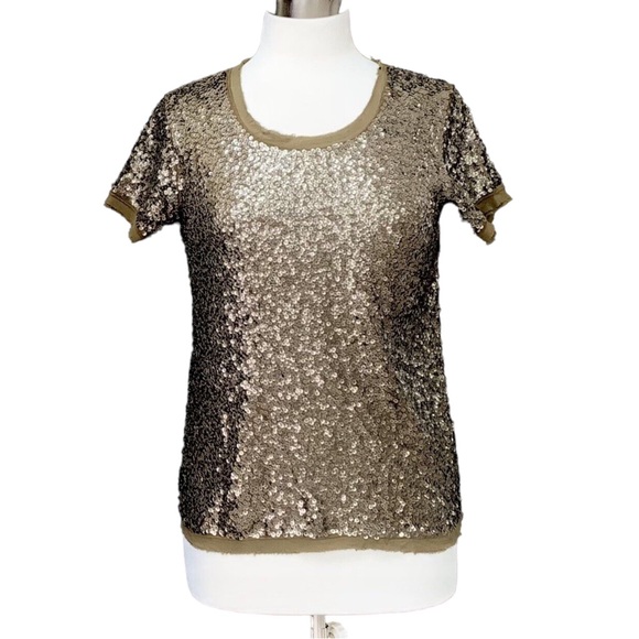 J. Crew Olive Green Sequin Embellished Short Sleeve Shirt Blouse - Picture 13 of 16